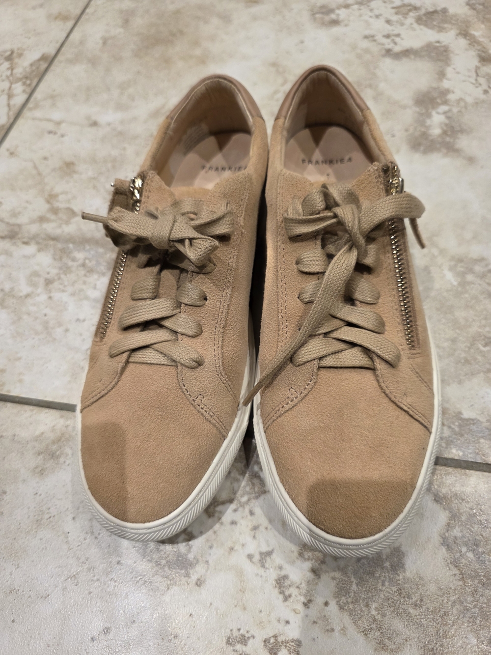 Frankie4 Billie Suede Lace-Up Sneakers with Gold Side Zipper - Tan